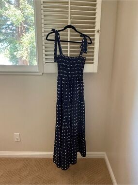 Smocked Navy Maxi Dress with White Square Print and Tie Straps